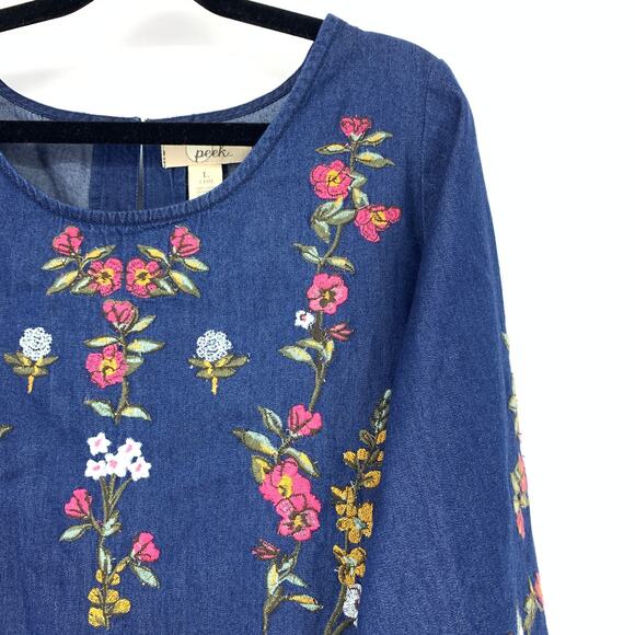 Peek Girls Size Large 10 Chambray Embroidered Floral Dress Blue Long Sleeve - Picture 3 of 6